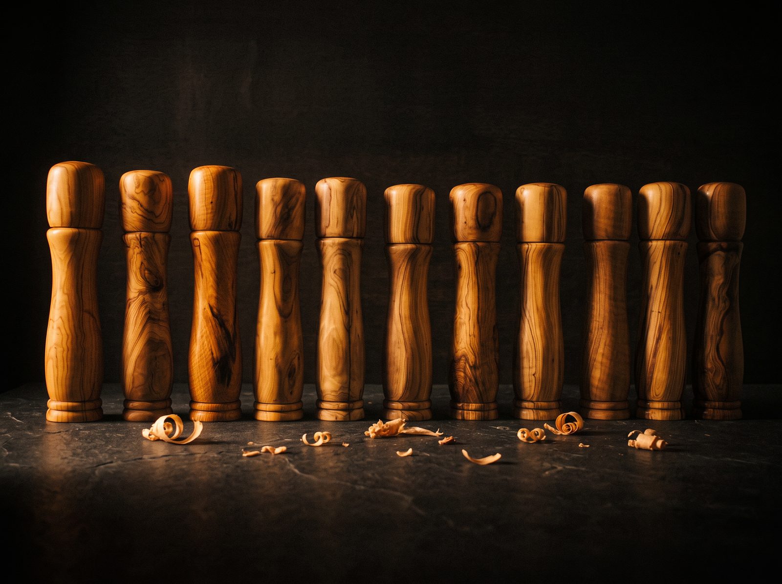 A line-up of hand-turned olive wood pepper mills, each with unique grain