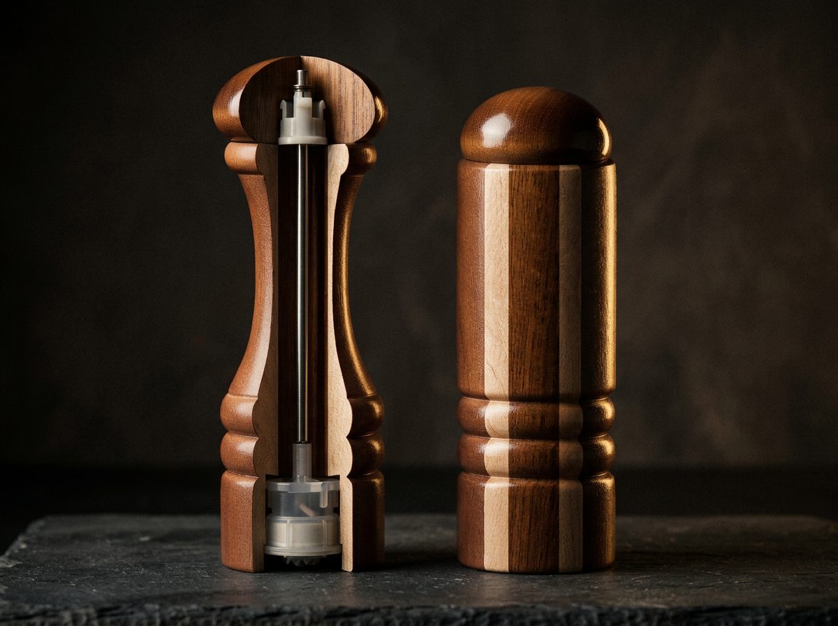 A cutaway wooden pepper mill showing the CrushGrind ceramic mechanism beside a finished mill