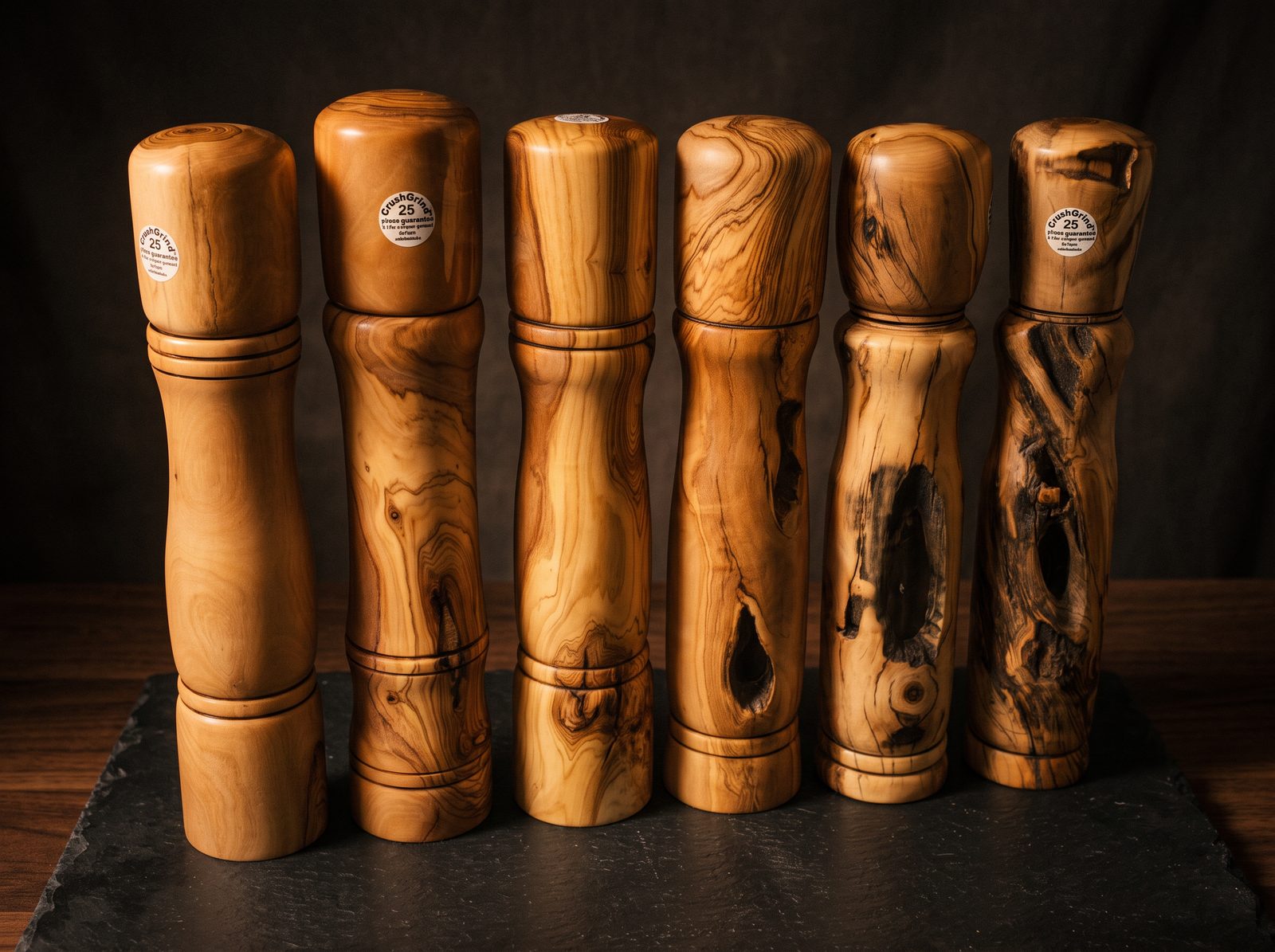 Six hand-turned wild olive pepper mills in a line, each with a different shape and grain