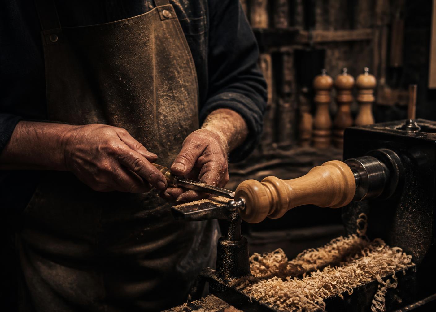 Turning a wooden pepper mill on the lathe in our Pretoria workshop